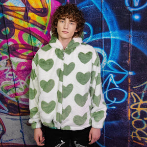 Heart print fleece jacket handmade detachable fluorescent fluffy geometric bomber faux fur love coat in 2 in 1 festival jacket green white