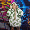 Heart print fleece jacket handmade detachable fluorescent fluffy geometric bomber faux fur love coat in 2 in 1 festival jacket green white