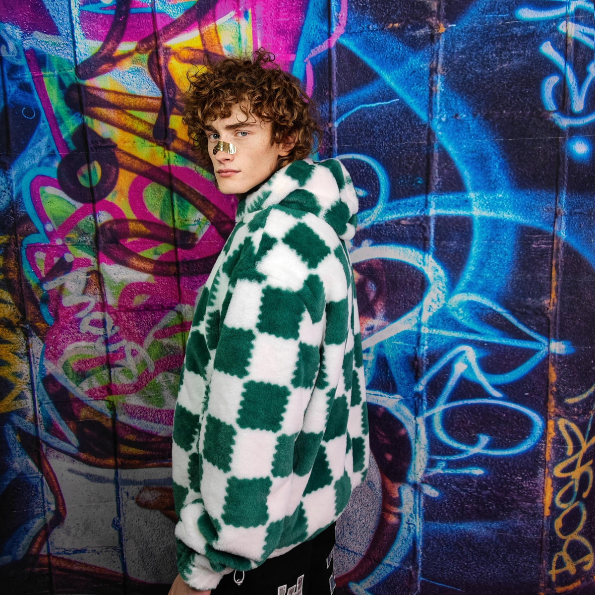 Big check fleece jacket handmade detachable neon fluffy geometric bomber faux fur chequerboard coat in 2 in 1 festival jacket green white