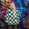 Big check fleece jacket handmade detachable neon fluffy geometric bomber faux fur chequerboard coat in 2 in 1 festival jacket green white