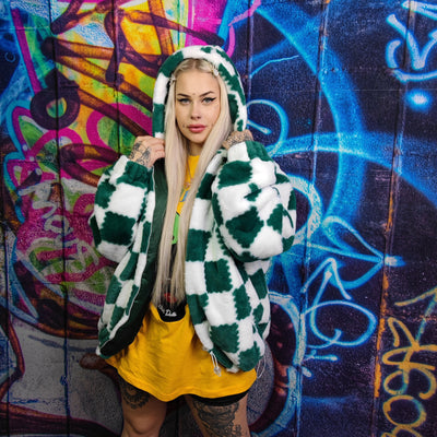 Big check fleece jacket handmade detachable neon fluffy geometric bomber faux fur chequerboard coat in 2 in 1 festival jacket green white