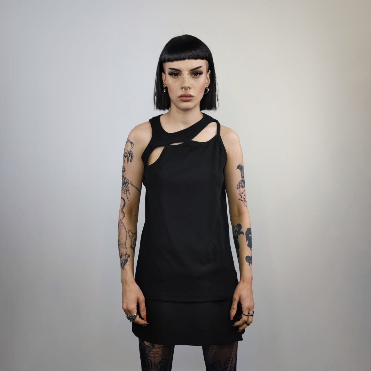 Asymmetric t-shirt cutout sleeveless top utility blouse ripped tank top gothic surfer vest grunge punk tee in black