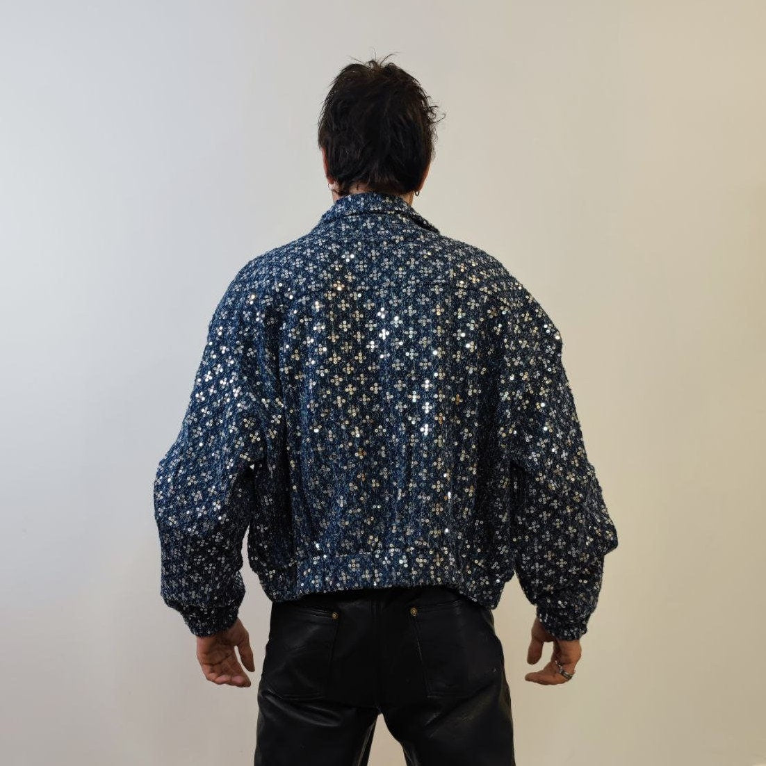 Sequin embellished denim jacket shiny jean bomber glam rocker coat grunge catwalk varsity  going out blazer in dark blue