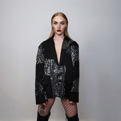 Sequin embellished blazer shiny going out jacket asymmetric pattern glam rocker bomber grunge luminous party catwalk coat in black silver