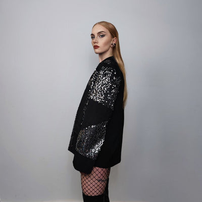 Sequin embellished blazer shiny going out jacket asymmetric pattern glam rocker bomber grunge luminous party catwalk coat in black silver