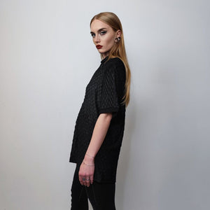 Shoulder padded polo shirt short sleeve textured blouse check party top grunge button up retro festival top in black