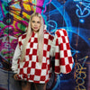 Big check fleece jacket handmade detachable neon fluffy geometric bomber faux fur chequerboard coat in 2 in 1 festival jacket red white