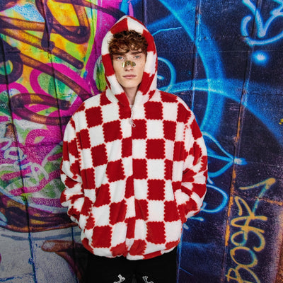 Big check fleece jacket handmade detachable neon fluffy geometric bomber faux fur chequerboard coat in 2 in 1 festival jacket red white