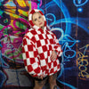 Big check fleece jacket handmade detachable neon fluffy geometric bomber faux fur chequerboard coat in 2 in 1 festival jacket red white