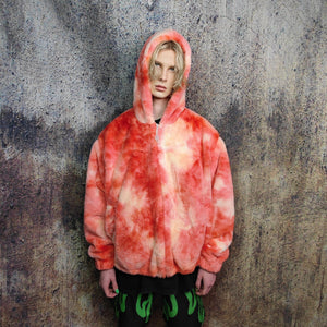 Tie dye fleece jacket handmade detachable neon fluffy bomber faux fur gradient coat 2 in 1 festival watercolor jacket in red