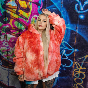 Tie dye fleece jacket handmade detachable neon fluffy bomber faux fur gradient coat 2 in 1 festival watercolor jacket in red