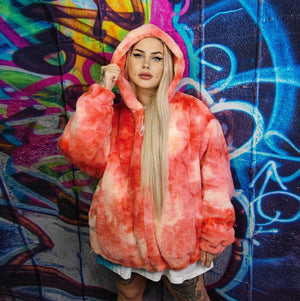 Tie dye fleece jacket handmade detachable neon fluffy bomber faux fur gradient coat 2 in 1 festival watercolor jacket in red