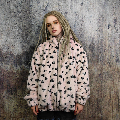 Cherry print fleece jacket handmade coat detachable retro pattern fluffy bomber faux fur skater puffer 2 in 1 festival jacket in pastel pink