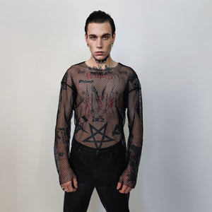 Transparent mesh top long sleeve sheer jumper net sweatshirt see-through punk jumper thin going out party t-shirt catwalk tee in black