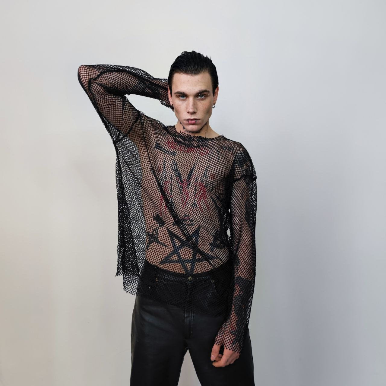 Transparent mesh top long sleeve sheer jumper net sweatshirt see-through punk jumper thin going out party t-shirt catwalk tee in black