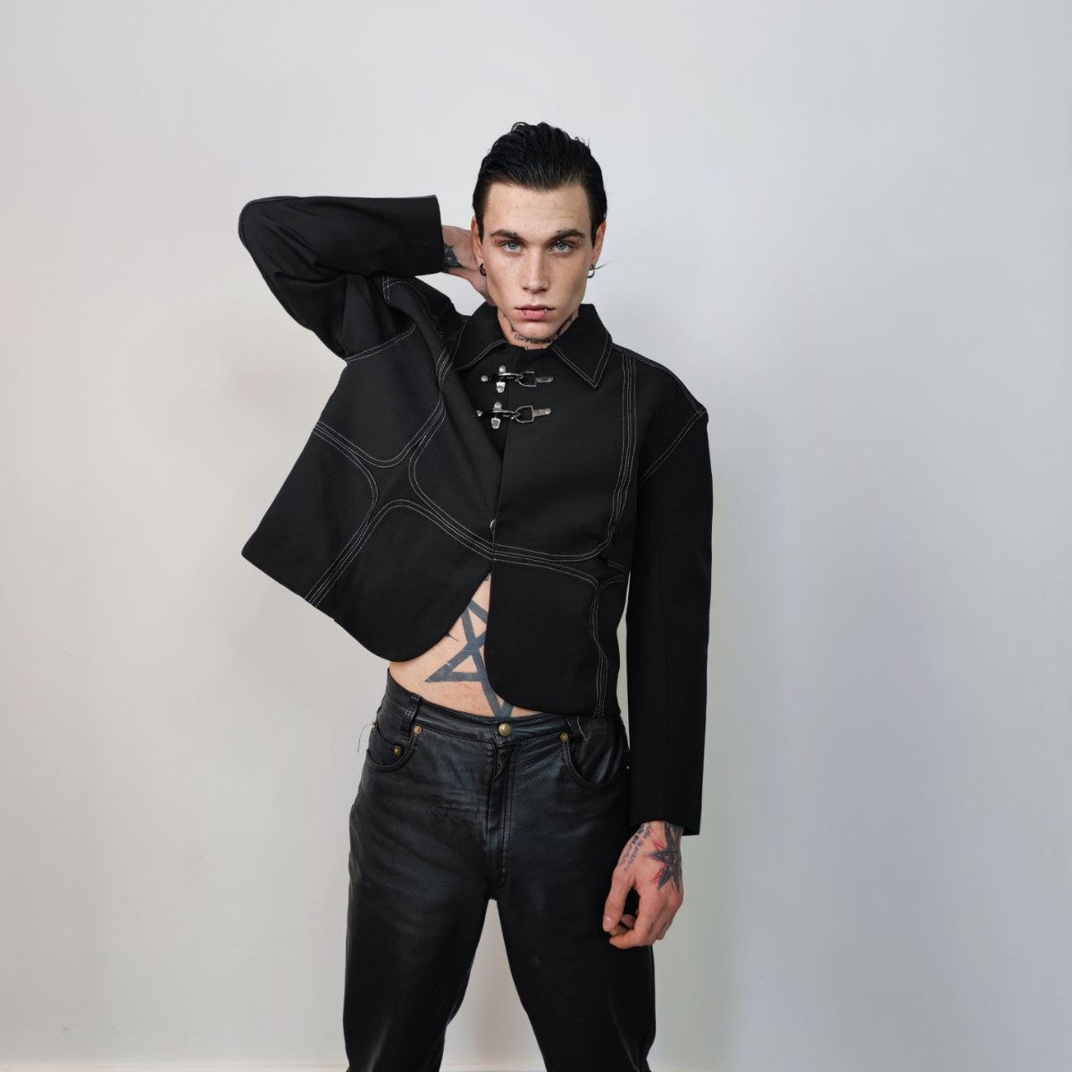 Utility denim jacket buckle jean bomber high fashion grunge jacket gorpcore coat aviator varsity going out coat in black