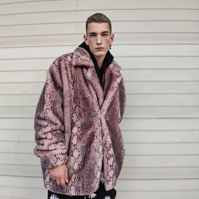 Luxury faux fur snake coat python print bomber handmade detachable fluffy jacket fleece puffer premium grunge trench in pastel pink