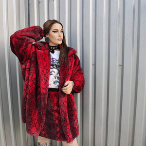 Luxury faux fur snake coat python print bomber handmade detachable fluffy jacket fleece puffer premium grunge trench in red black