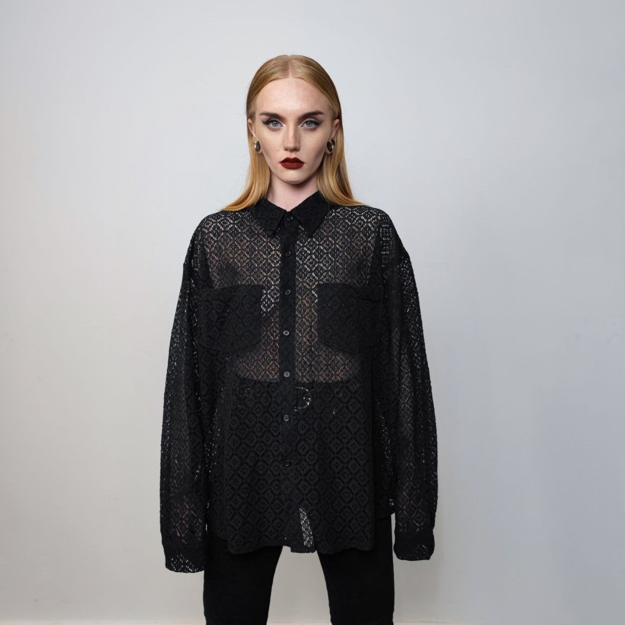 See-through shirt long sleeve transparent blouse sheer party top curved button up transparent festival mesh top in black