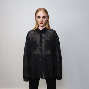 See-through shirt long sleeve transparent blouse sheer party top curved button up transparent festival mesh top in black