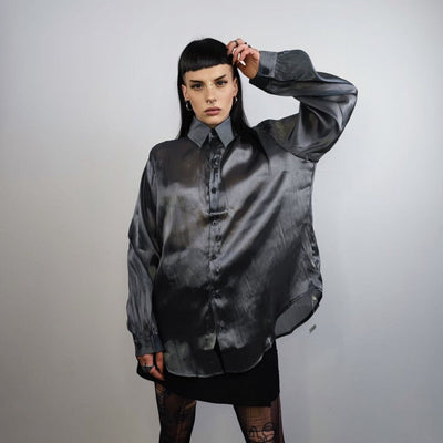 Shiny smart shirt long sleeve transparent blouse see-through oversize going out top sheer sweatshirt in silver grey