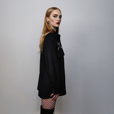 Utility shirt metal patch long sleeve blouse gorpcore party top big pocket fancy dress going out jumper in black