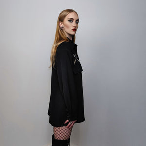 Utility shirt metal patch long sleeve blouse gorpcore party top big pocket fancy dress going out jumper in black