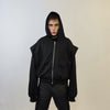 Shoulder padded utility hoodie Gothic pullover grunge punk jumper catwalk sweatshirt zip up gorpcore hooded top in black