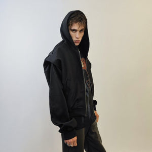 Shoulder padded utility hoodie Gothic pullover grunge punk jumper catwalk sweatshirt zip up gorpcore hooded top in black