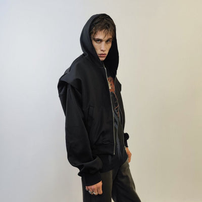 Shoulder padded utility hoodie Gothic pullover grunge punk jumper catwalk sweatshirt zip up gorpcore hooded top in black