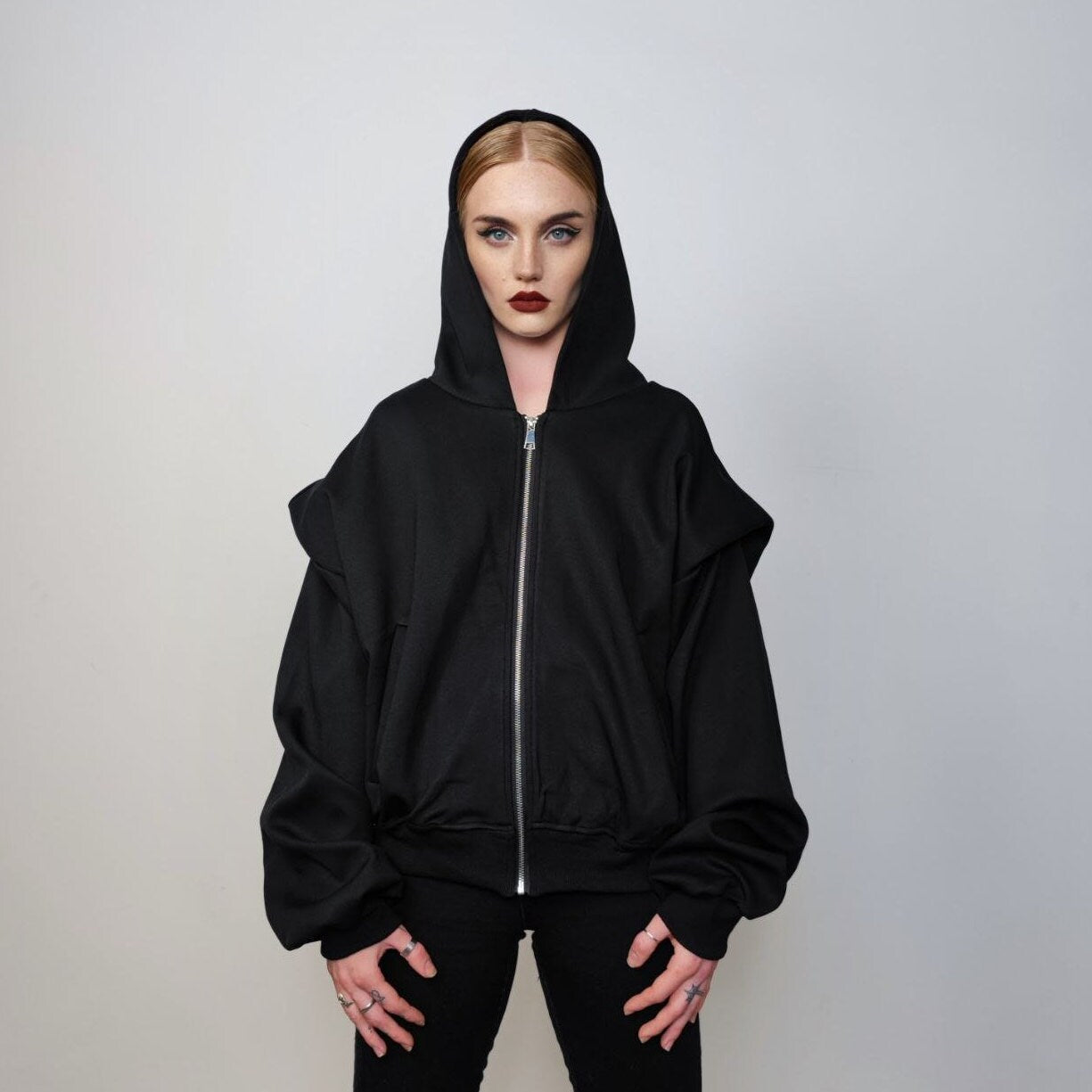 Shoulder padded utility hoodie Gothic pullover grunge punk jumper catwalk sweatshirt zip up gorpcore hooded top in black