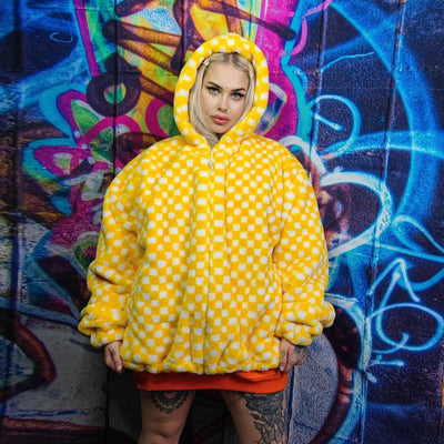 Check fleece jacket handmade detachable neon fluffy geometric bomber faux fur chequerboard coat 2 in 1 festival jacket yellow white