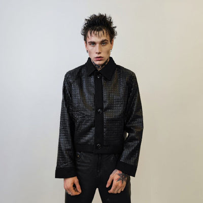 Distressed check jacket textured aviator jacket shiny rocker bomber grunge utility thin blazer going out jacket in black