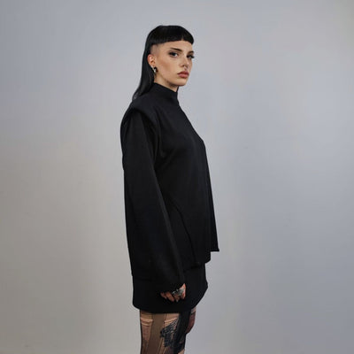 Shoulder padded turtleneck Gothic top kimono jumper long sleeve punk tee going out raised neck t-shirt in black