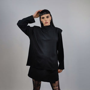 Shoulder padded turtleneck Gothic top kimono jumper long sleeve punk tee going out raised neck t-shirt in black