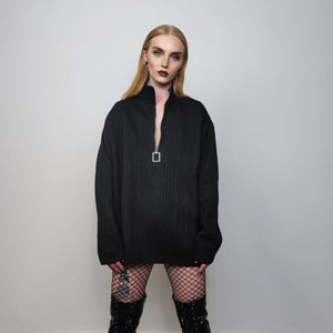 Going out turtleneck zip up Gothic jumper raised neck textured sweater punk top party pullover cable pattern tee in black