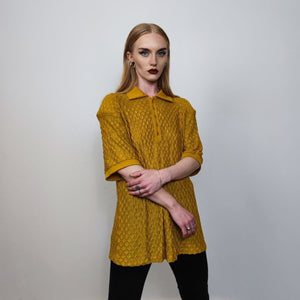 Shoulder padded polo shirt short sleeve textured blouse check party top grunge button up retro festival top in yellow