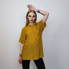 Shoulder padded polo shirt short sleeve textured blouse check party top grunge button up retro festival top in yellow