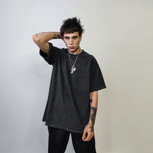 Vintage wash t-shirt solid tee premium quality cotton top distressed pattern pullover in bleached black