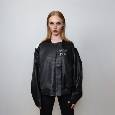 Motor sport jacket faux leather racing bomber snake skin utility jacket PU going out varsity python grunge buckle coat in black