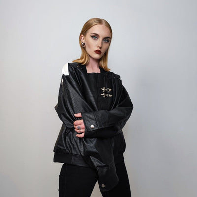 Motor sport jacket faux leather racing bomber snake skin utility jacket PU going out varsity python grunge buckle coat in black