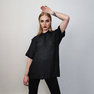 Shoulder padded polo shirt short sleeve textured blouse check party top grunge button up retro festival top in black