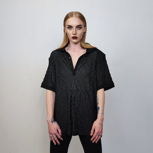 Shoulder padded polo shirt short sleeve textured blouse check party top grunge button up retro festival top in black