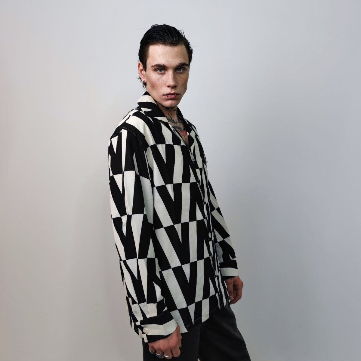 Formal check shirt going out top lapel geometric blouse fancy dress jumper long sleeve gothic pullover button up catwalk shirt in black