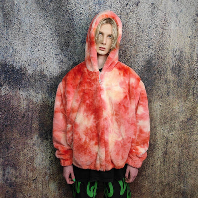 Tie dye fleece jacket handmade detachable neon fluffy bomber faux fur gradient coat 2 in 1 festival watercolor jacket in red