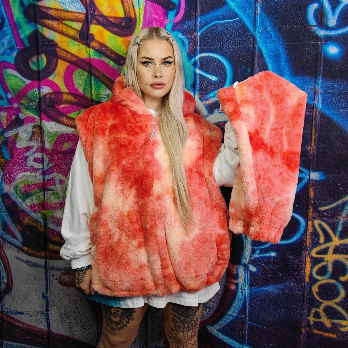 Tie dye fleece jacket handmade detachable neon fluffy bomber faux fur gradient coat 2 in 1 festival watercolor jacket in red