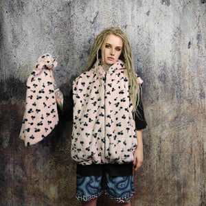 Cherry print fleece jacket handmade coat detachable retro pattern fluffy bomber faux fur skater puffer 2 in 1 festival jacket in pastel pink