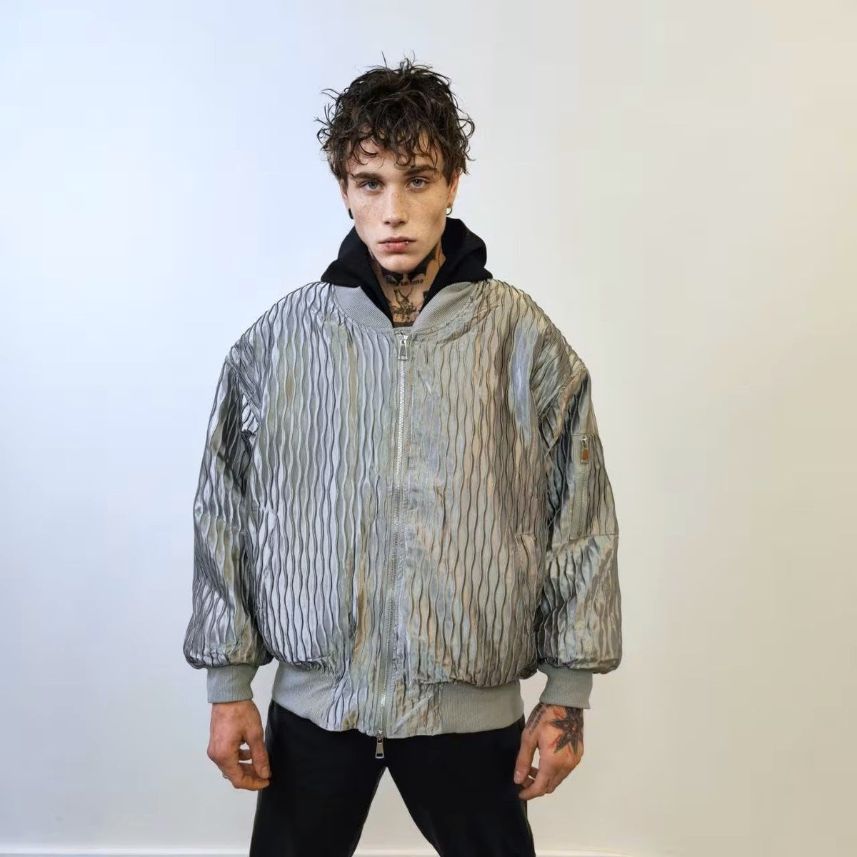 Oversized varsity jacket thin college bomber textured oversize utility jacket going out coat party jacket grunge shiny blazer in black