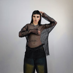 Transparent mesh top long sleeve sheer jumper net sweatshirt see-through punk jumper thin going out party t-shirt catwalk tee in black