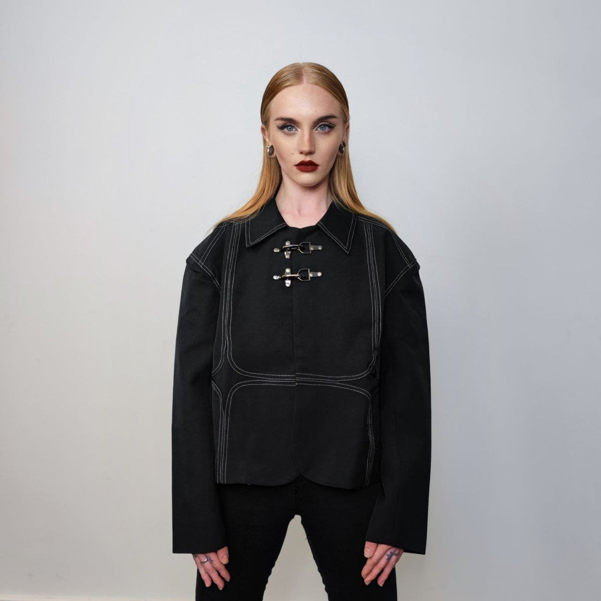 Utility denim jacket buckle jean bomber high fashion grunge jacket gorpcore coat aviator varsity going out coat in black